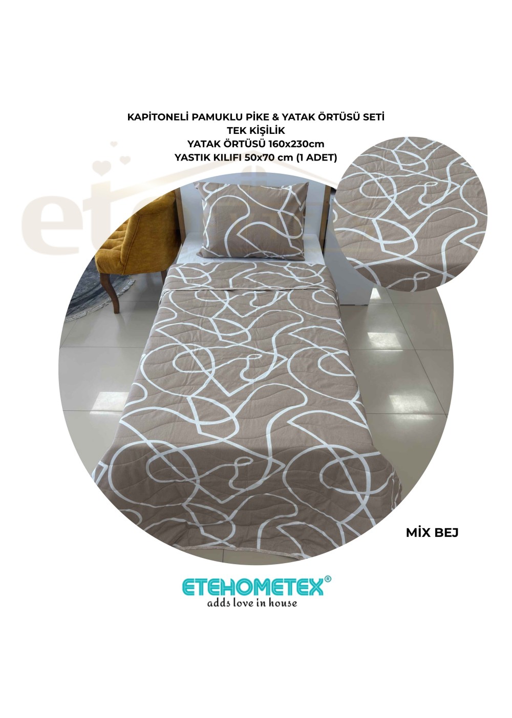 ETEHOMETEX Pamuklu Kapitoneli Yatak Örtüsü Seti TEK KİŞİLİK MİX BEJ 8696474232105